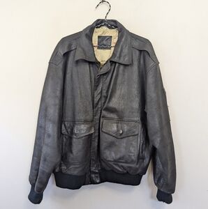 Vintage Distressed Black Leather Bomber Jacket